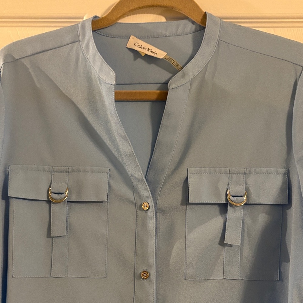 Calvin Klein Sky Blue Utility Button-Down Blouse - Picture 2 of 3
